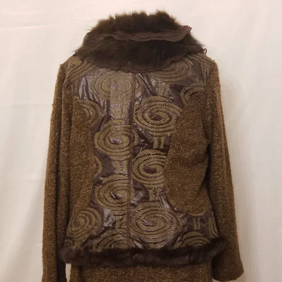 Vintage Moshita Couture 2 Piece Brown Outfit w/Faux Fur Collar and Trim, Size 16 - Picture 11 of 16